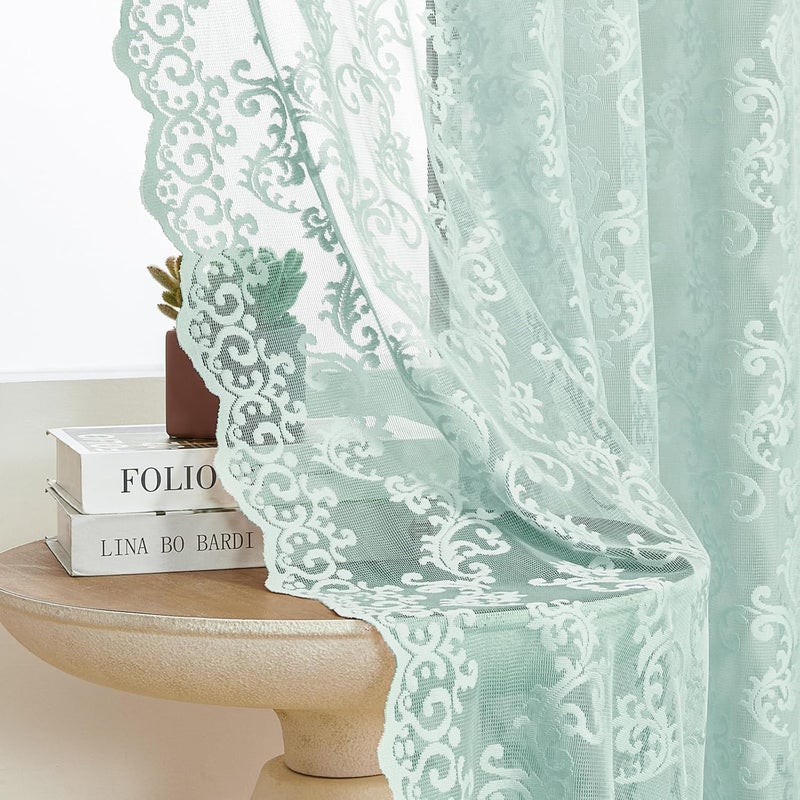 FOLKSIDE Pastel Turquoise Lace Curtains 84 Inches Long 2 Panels Modern Paisley Lace Curtains for Living Room Bedroom Rod Pocket Light Filtering French Window Drapes Western Sea Aqua Ocean Beach Decor, 52x84 - Image 1